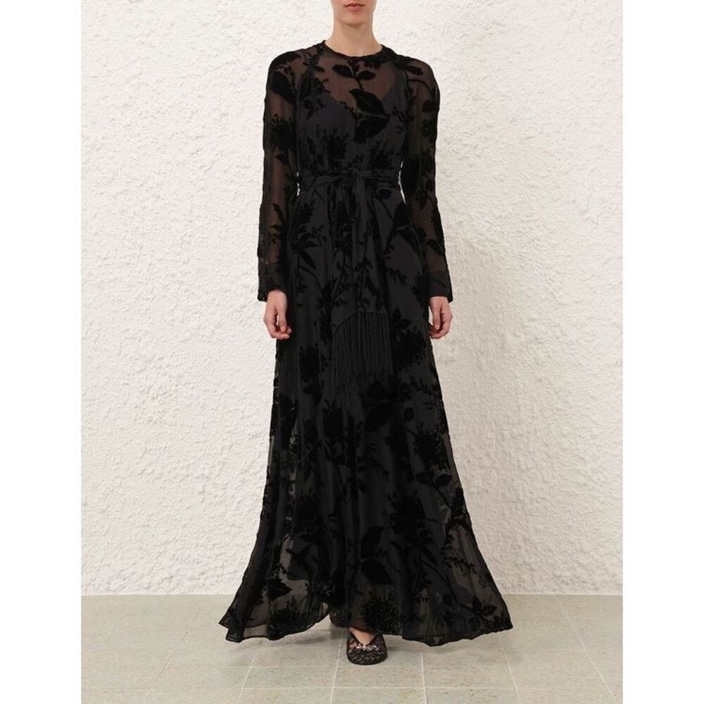 Zimmermann Black Sheer Velvet Flocked Maxi Dress